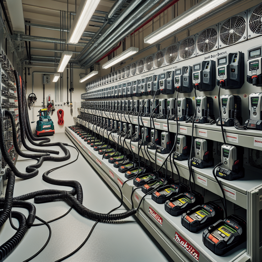 Makita battery bench installed in a clean, organised workshop with labelled chargers, cooling fans, and team charging layout visible.