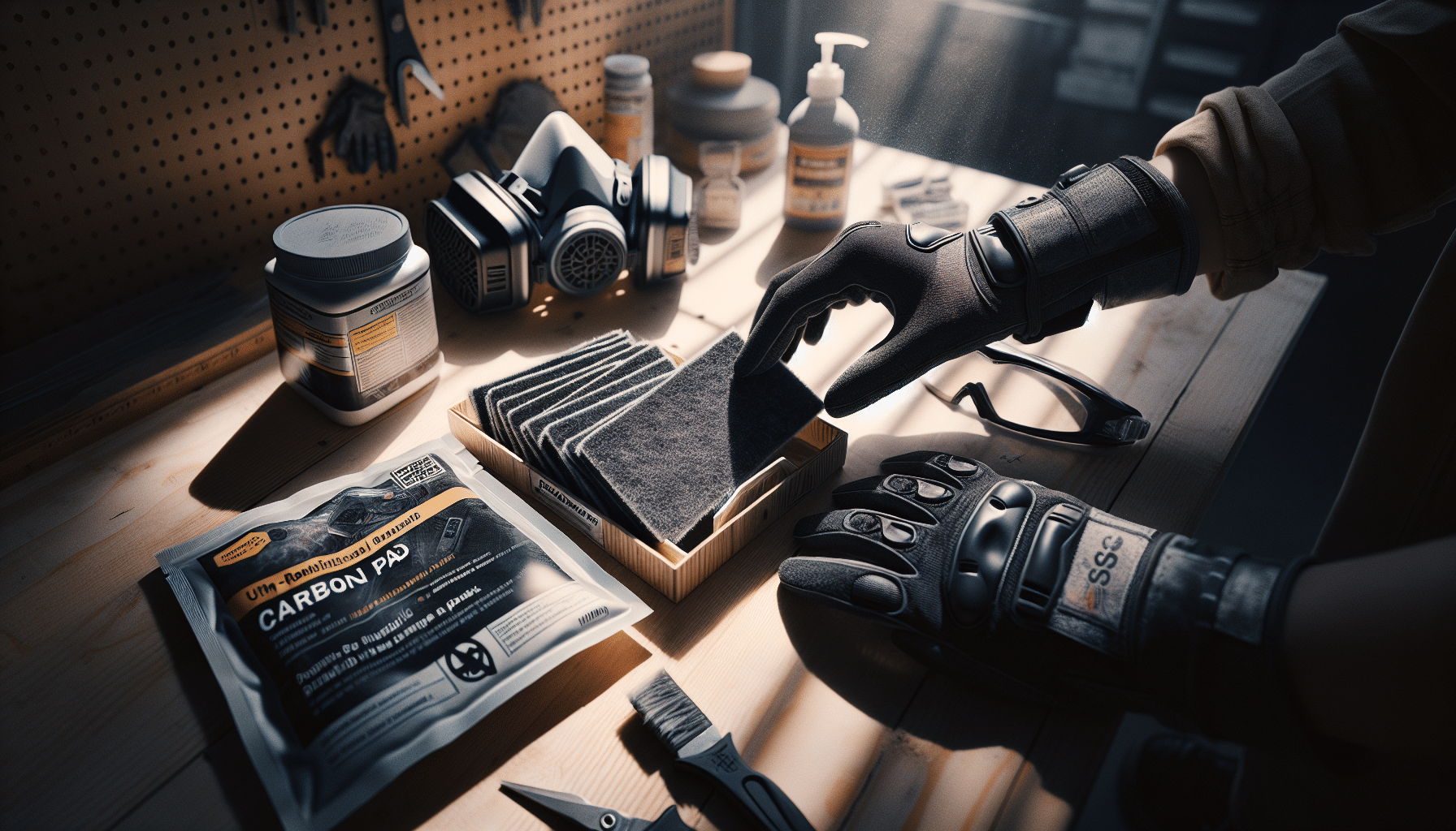 ProDefend carbon pad pack opened beside reusable mask on garage work surface, highlighting realistic usage and filter detail.