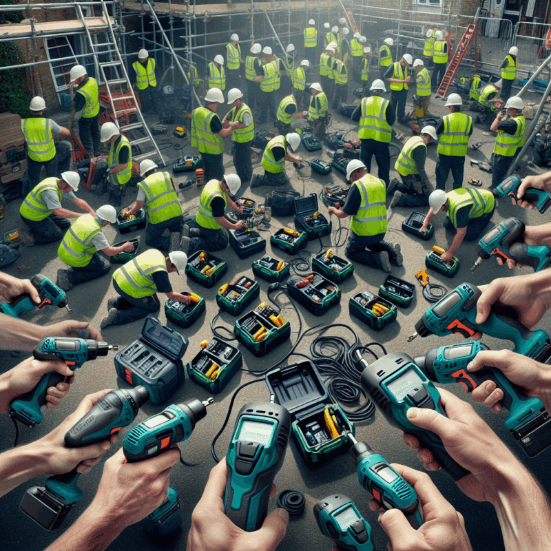 Fast charging job site setup with Makita-compatible chargers minimizing tool downtime and powering workers efficiently.