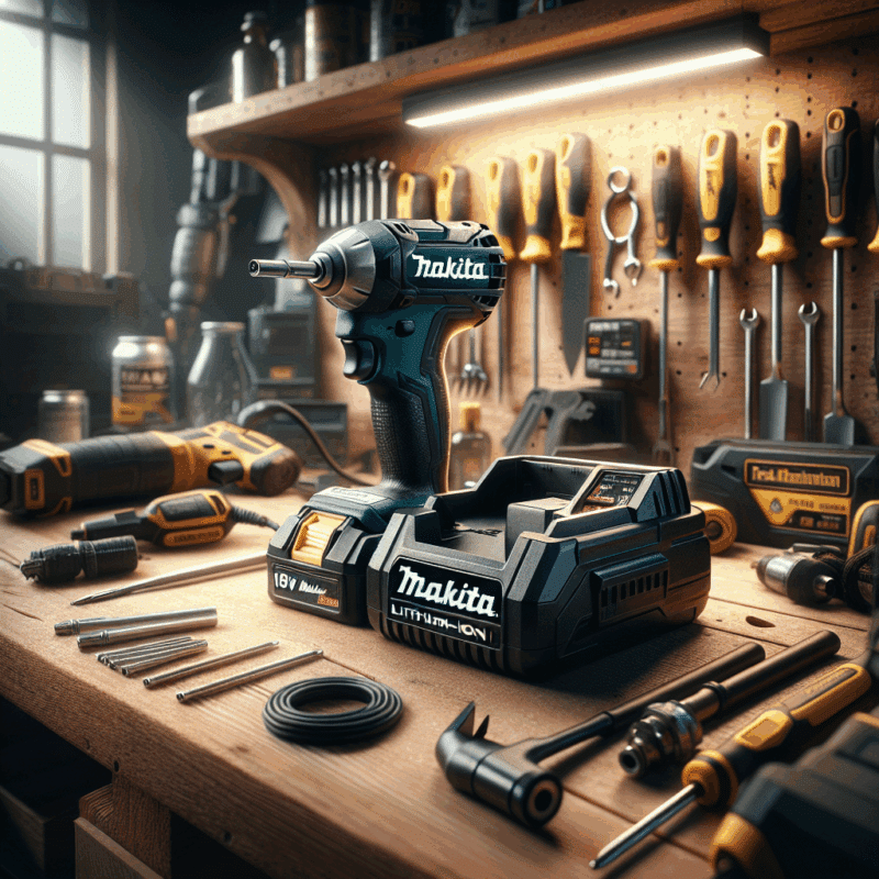Makita battery maintenance setup showing proper charger and battery placement on a clean tool bench.