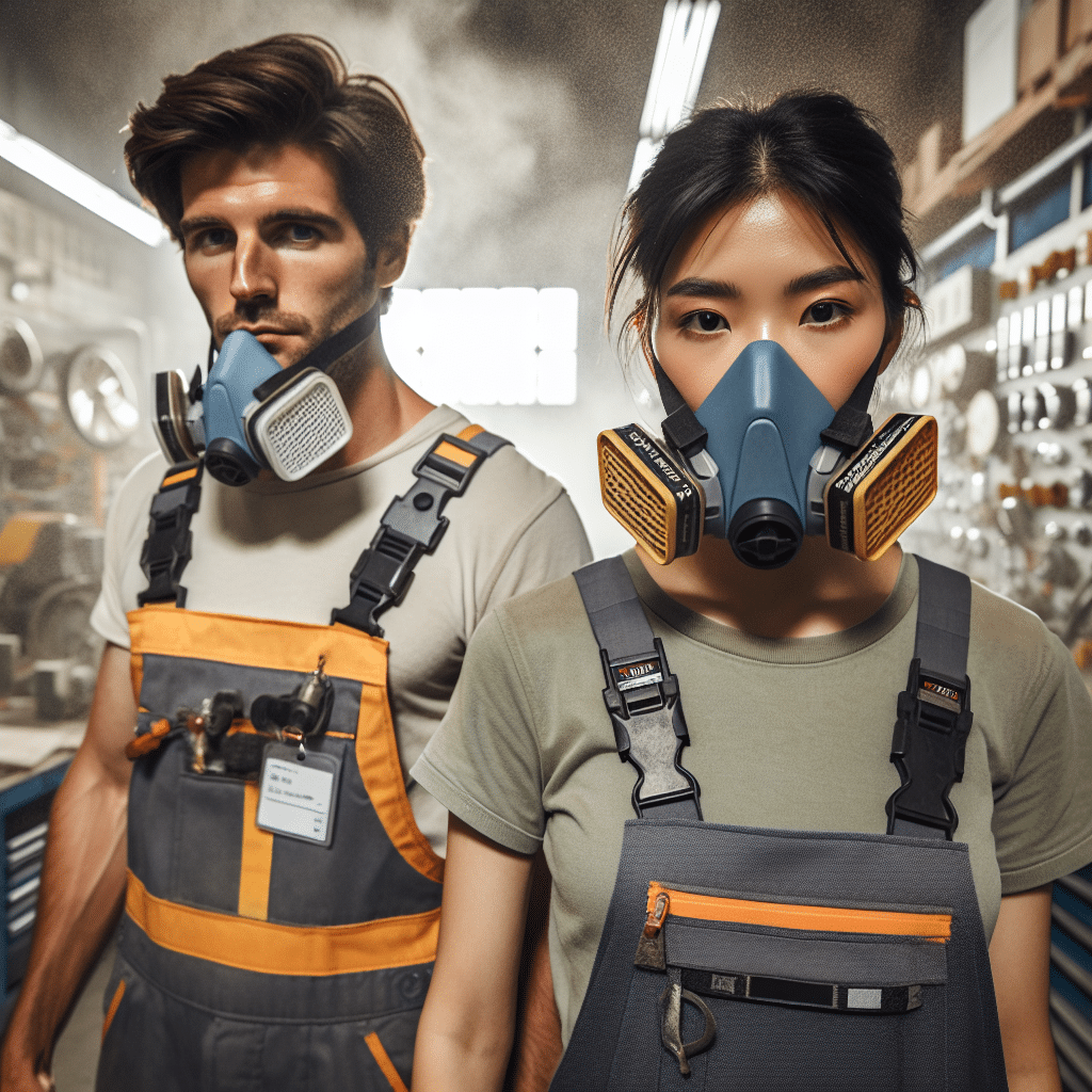 Hands fitting FlowCore and ProDefend dust mask filters to CoreMask respirators in a workshop showing trade vs DIY setup.