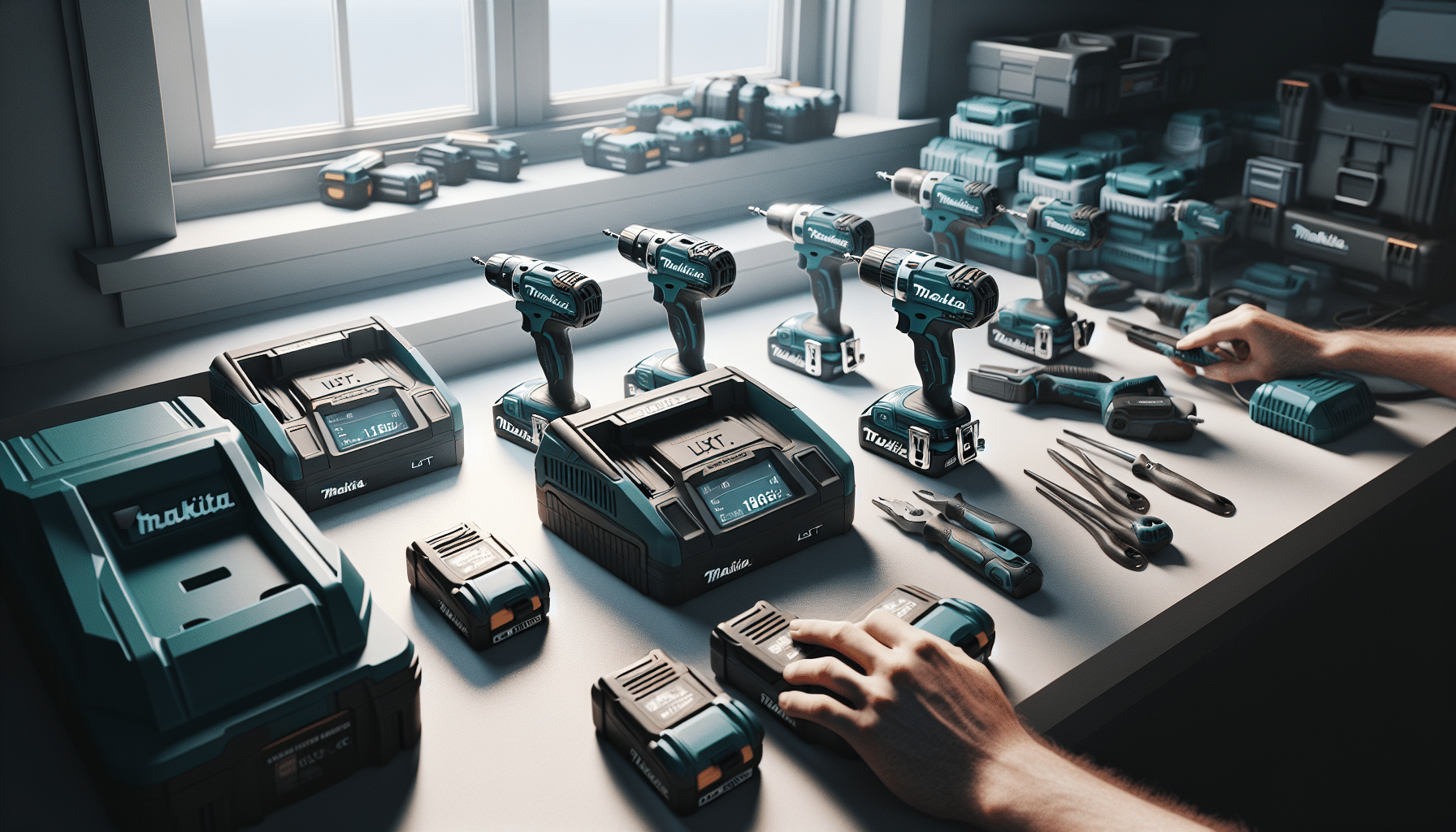 Side view of VoltGuard 6500 charging several Makita 18V LXT batteries with tools nearby; installer’s hands shown in action.