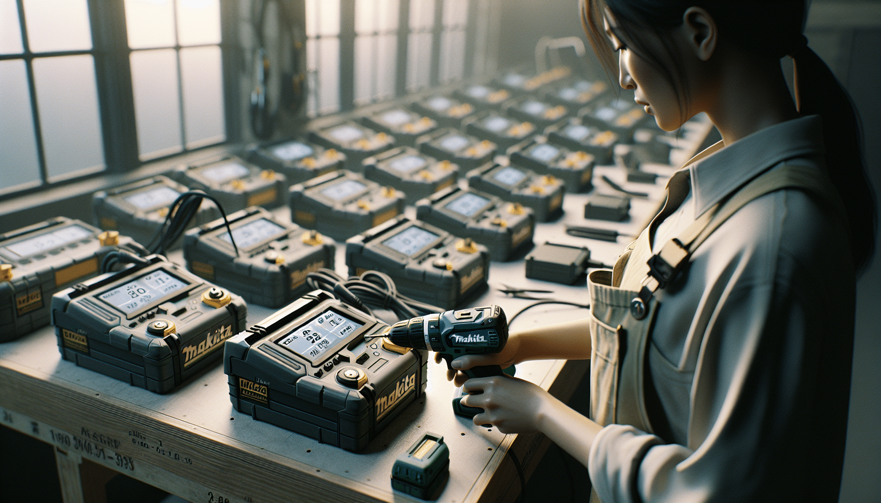 Industrial countertop with Makita-compatible chargers showing V/A/% stats; tool settings being adjusted for jobsite readiness.