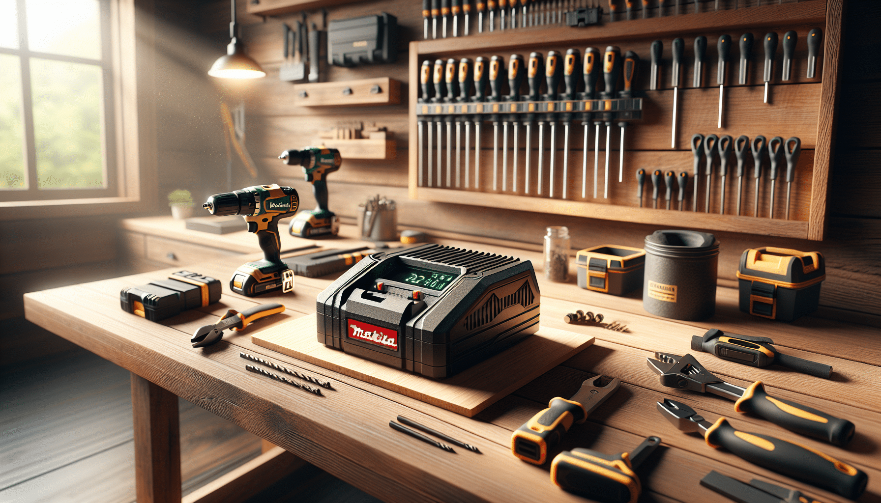 A Makita-compatible premium charger resting on a tidy home workshop bench with tools visible in background.