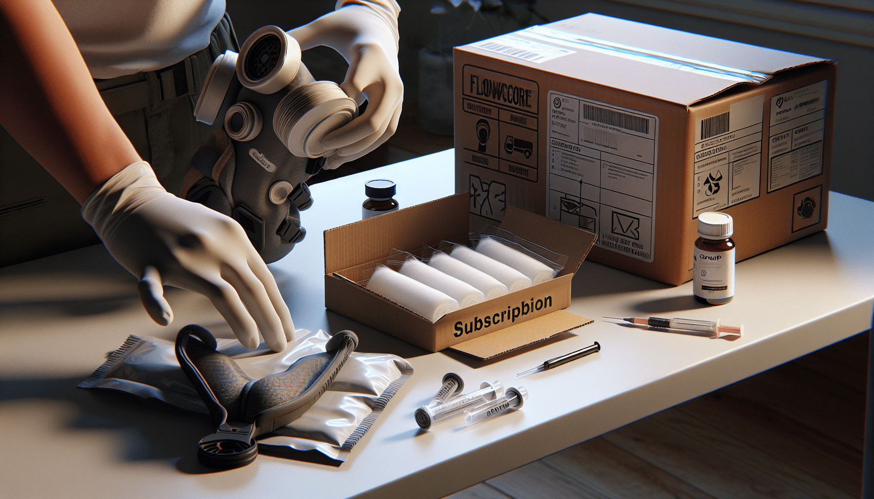 DIY setup with FlowCore filter pads from a subscription box next to a reusable Torxup mask under natural workspace lighting.