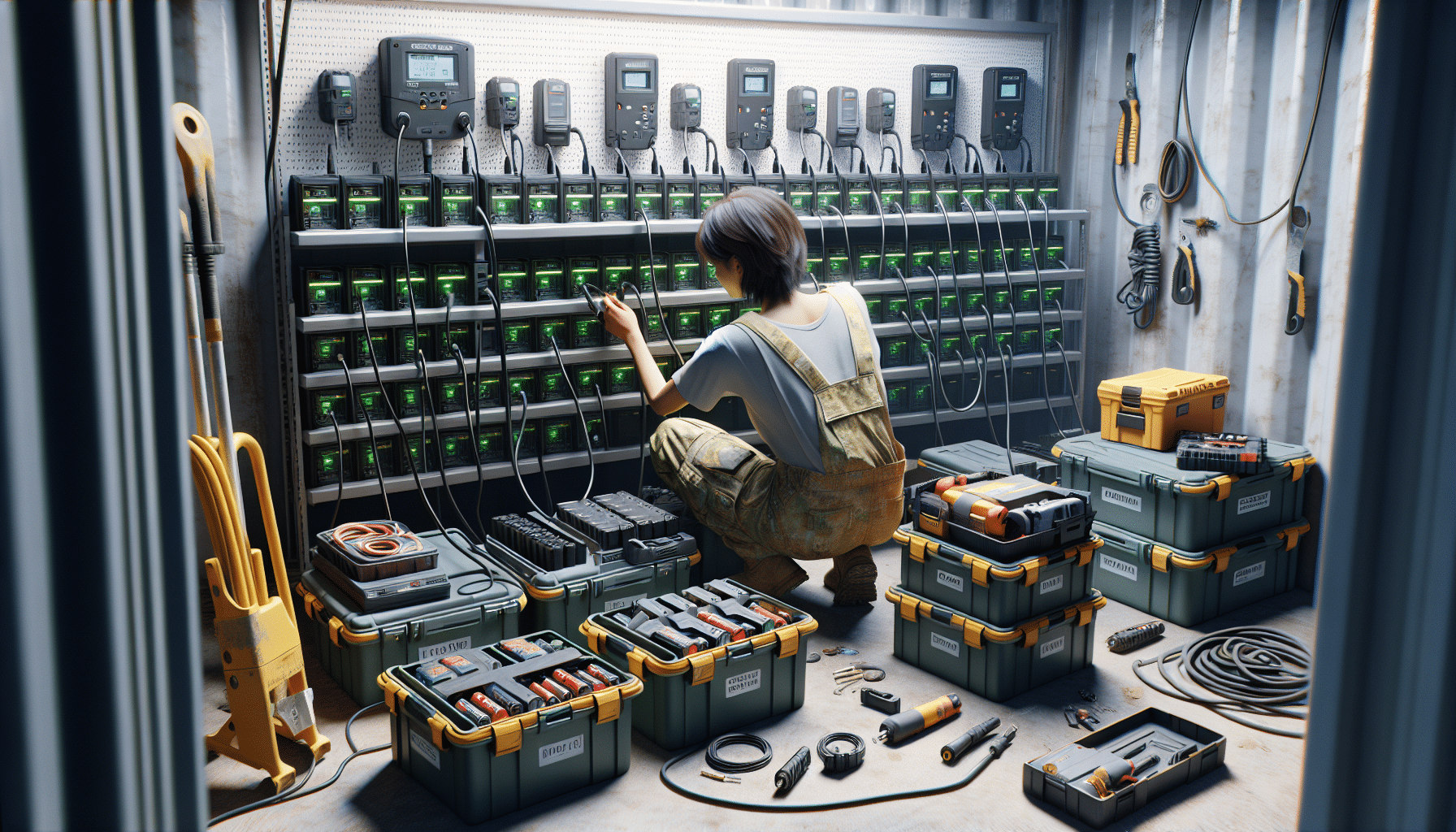 Efficient mobile charging station setup on a UK job site, showing active fast charger use to reduce overtime.