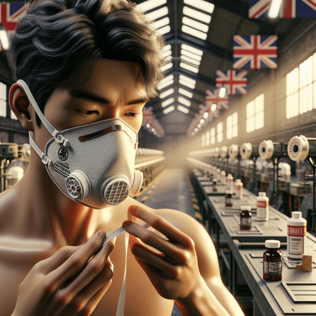 Worker checks for dust mask leaks while adjusting CoreMask straps in well-lit workshop; proper mask seal at nose and chin.