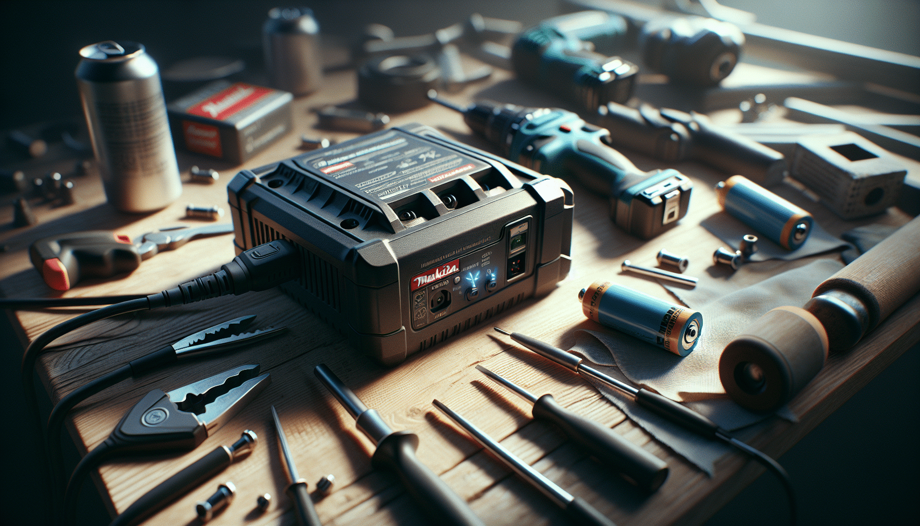 Cooling fan vents on Makita-compatible charger cooling an 18V battery, with tools placed in background.