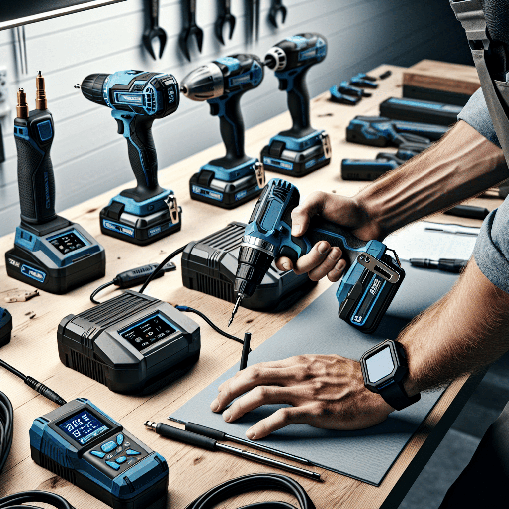 Professional workshop charger buying guide setup showing tools, Makita-compatible batteries, and charging station features.