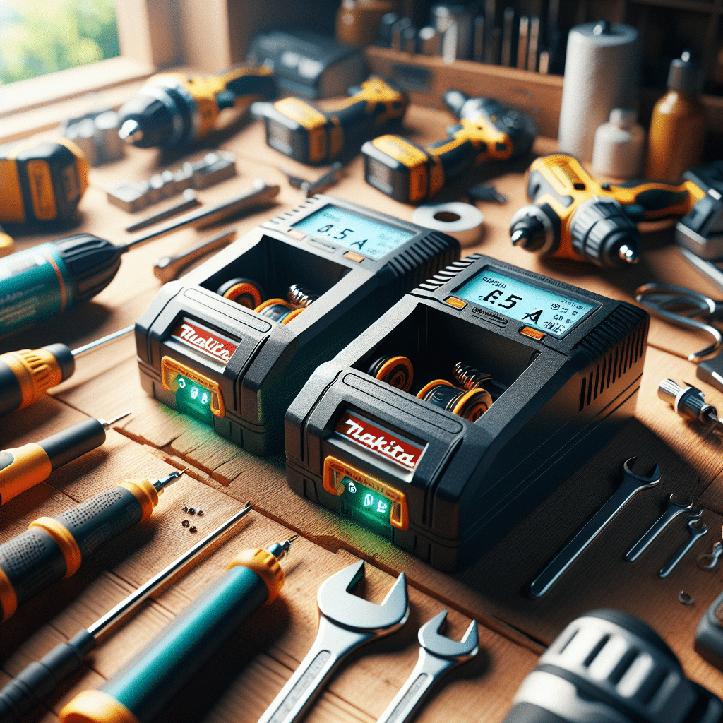 Side-by-side comparison of a 6.5A charger and a 3.0A charger charging Makita-compatible batteries in a workshop setup.