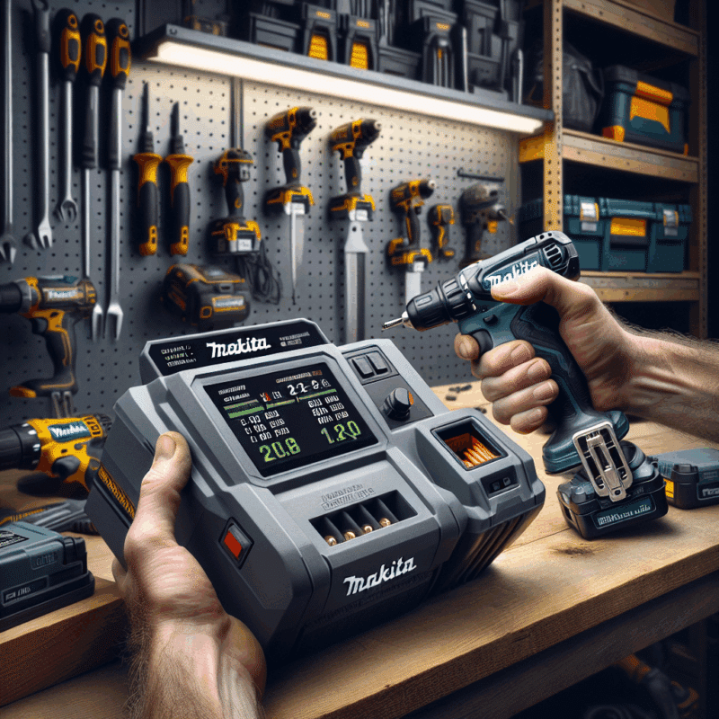 Makita-compatible charger on a pro trade bench showing real-time tool monitoring data on-screen, helping manage powered tools efficiently.