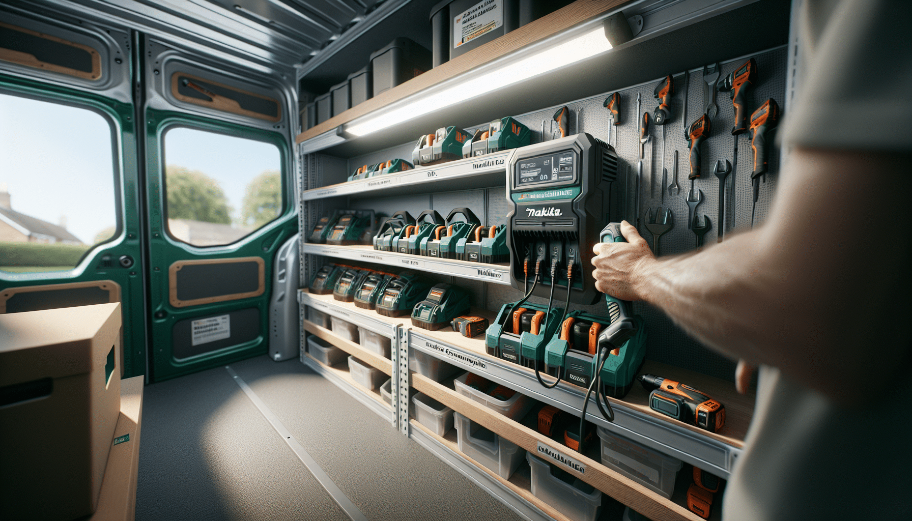 Van-mounted Makita-compatible fast charger system powering tool batteries efficiently, supporting myths vs facts clarity.