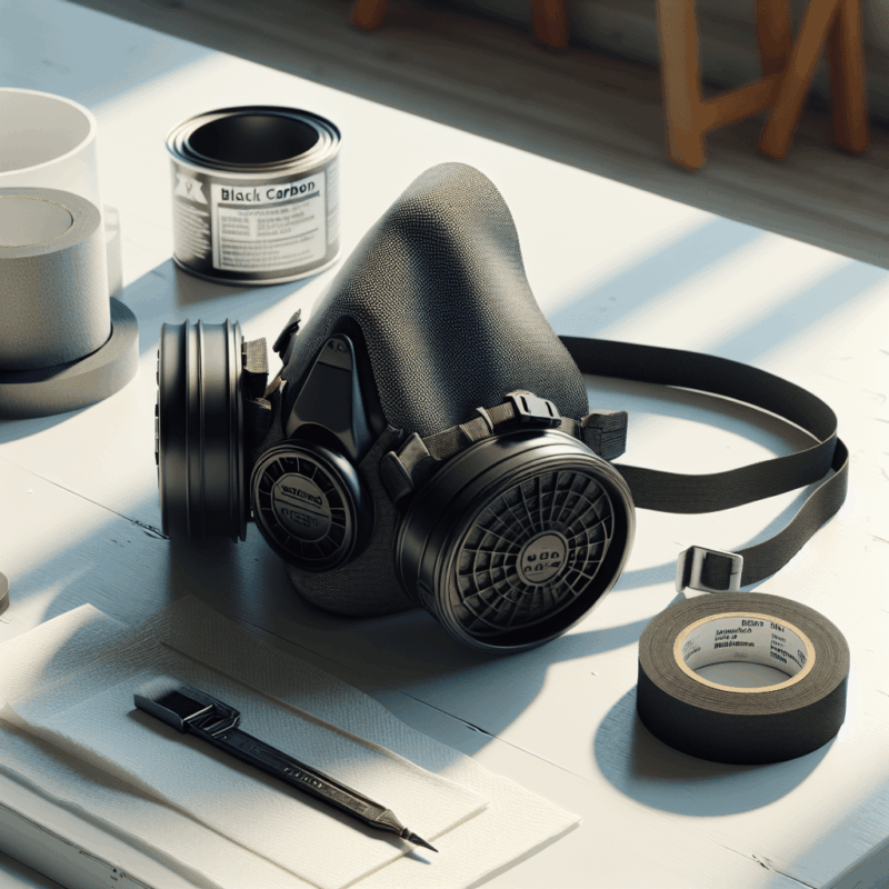 Black carbon filter being inserted into a ProDefend paint mask on a workbench, visually demonstrating ProDefend price and filtration use.
