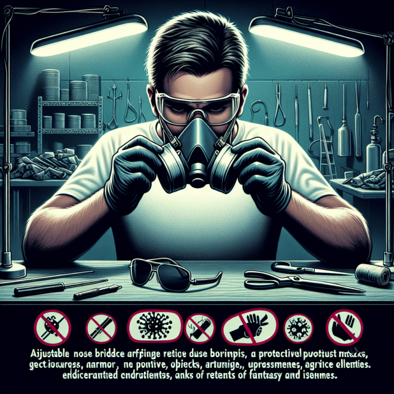 A person adjusting a Torxup CoreMask dust mask while wearing glasses in a dust-filled workshop with no fog on the lenses.