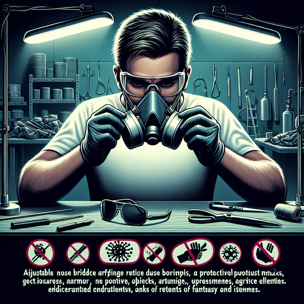 A person adjusting a Torxup CoreMask dust mask while wearing glasses in a dust-filled workshop with no fog on the lenses.