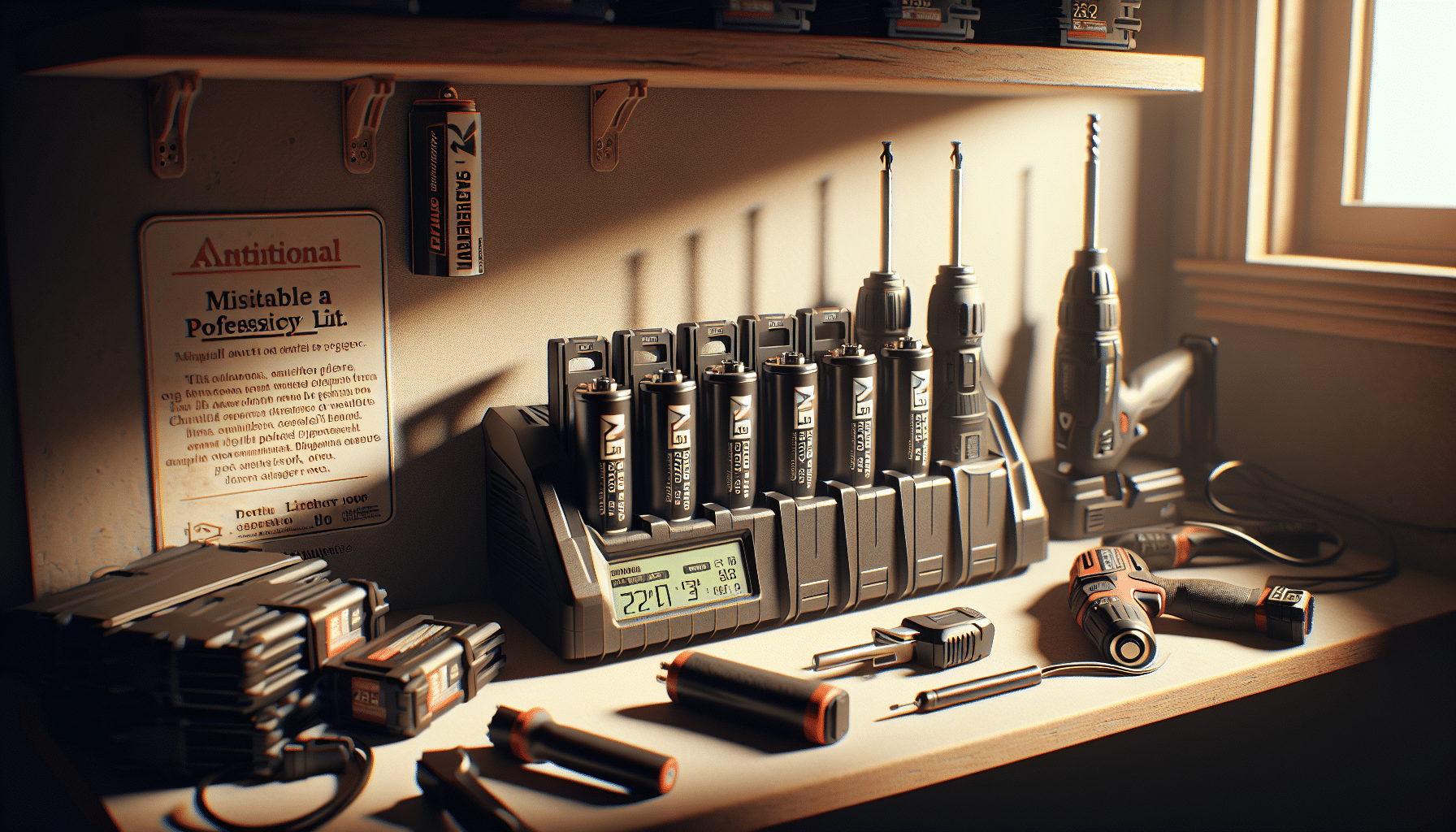 Organised battery station showing safe charger storage and maintenance practices for tools.