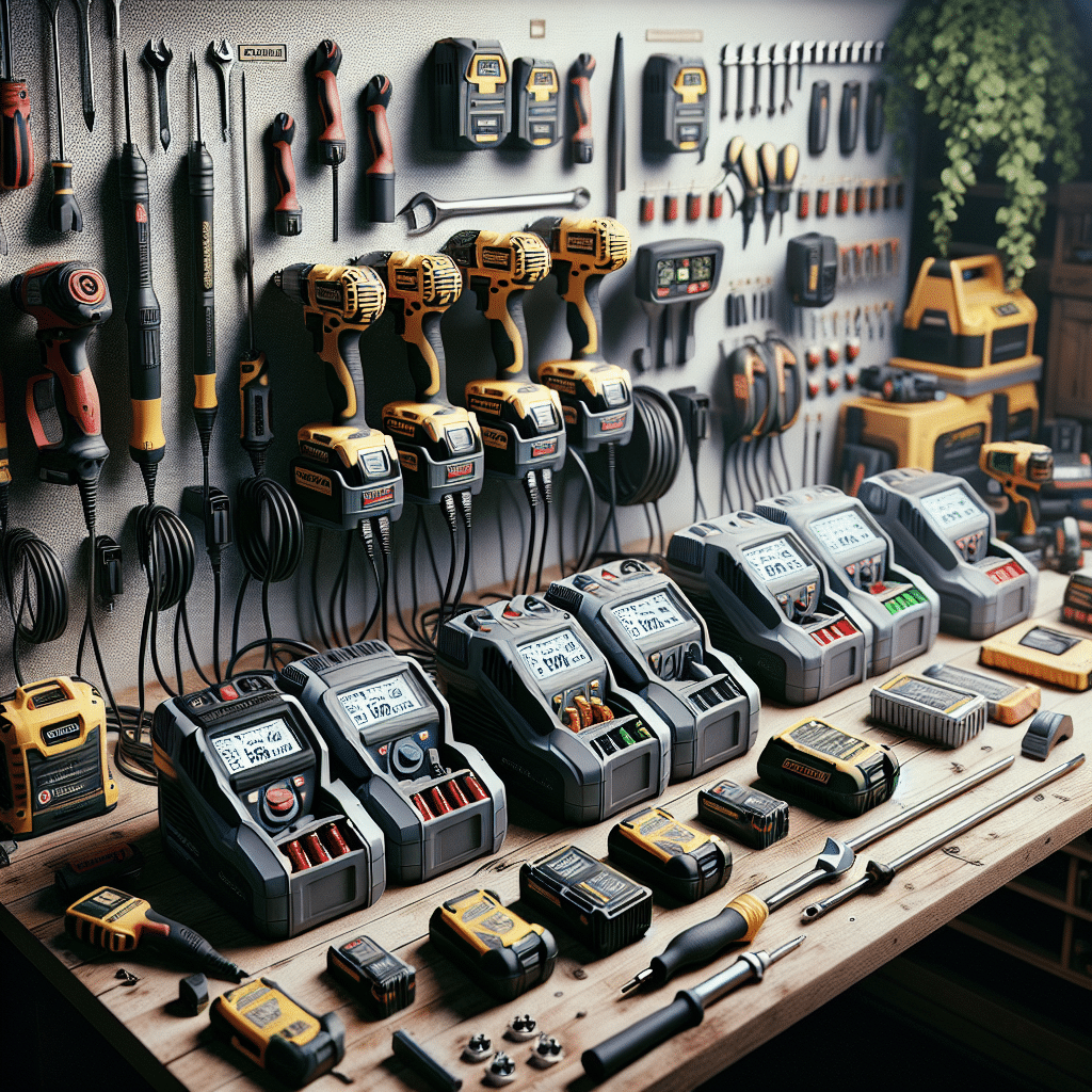 Organised tool bench highlighting workshop battery charger mistakes with labels and charger placement insights.