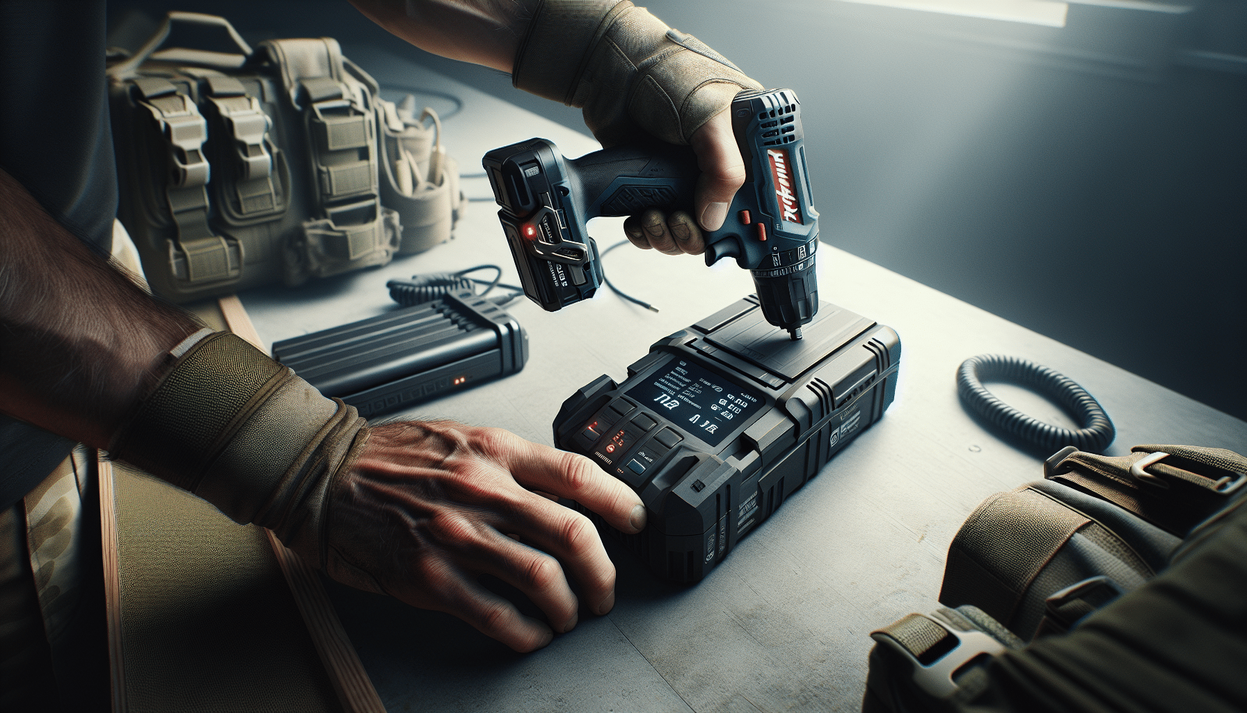 Smart charger on a workshop bench displays real-time battery levels as tools are prepared with freshly swapped batteries for scheduled rotations.