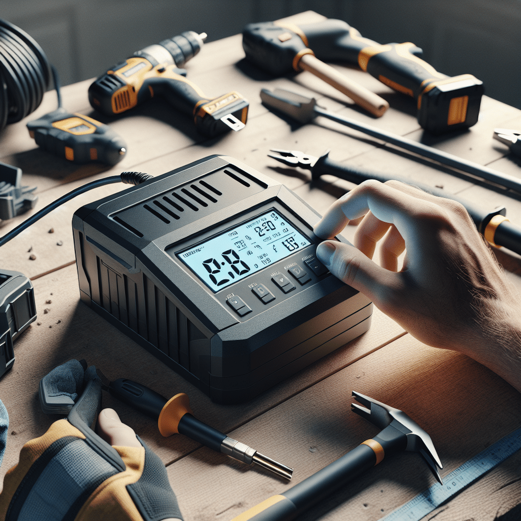 Close-up of Makita-compatible charger showing voltage, amp, and charge stats to illustrate battery performance on jobsites.