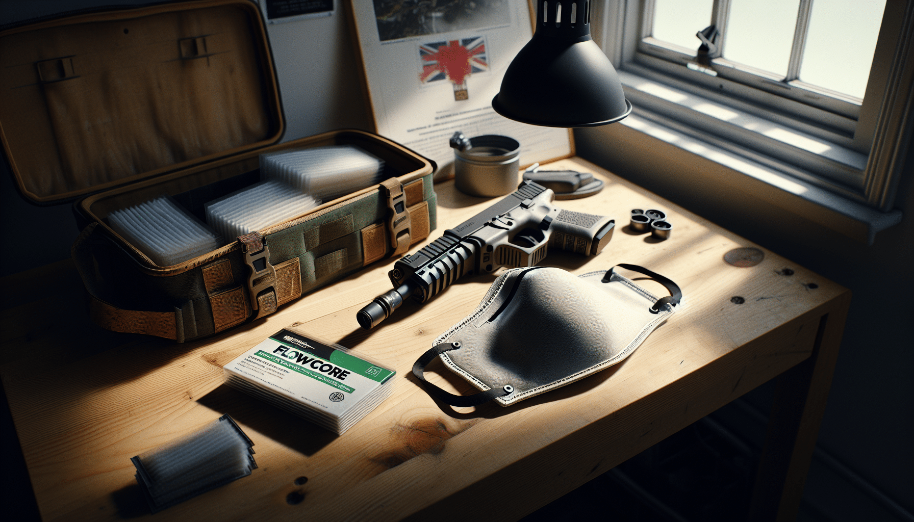 Opened dust mask beside unused FlowCore filter pads on a wooden surface, highlighting mask maintenance and replacement.