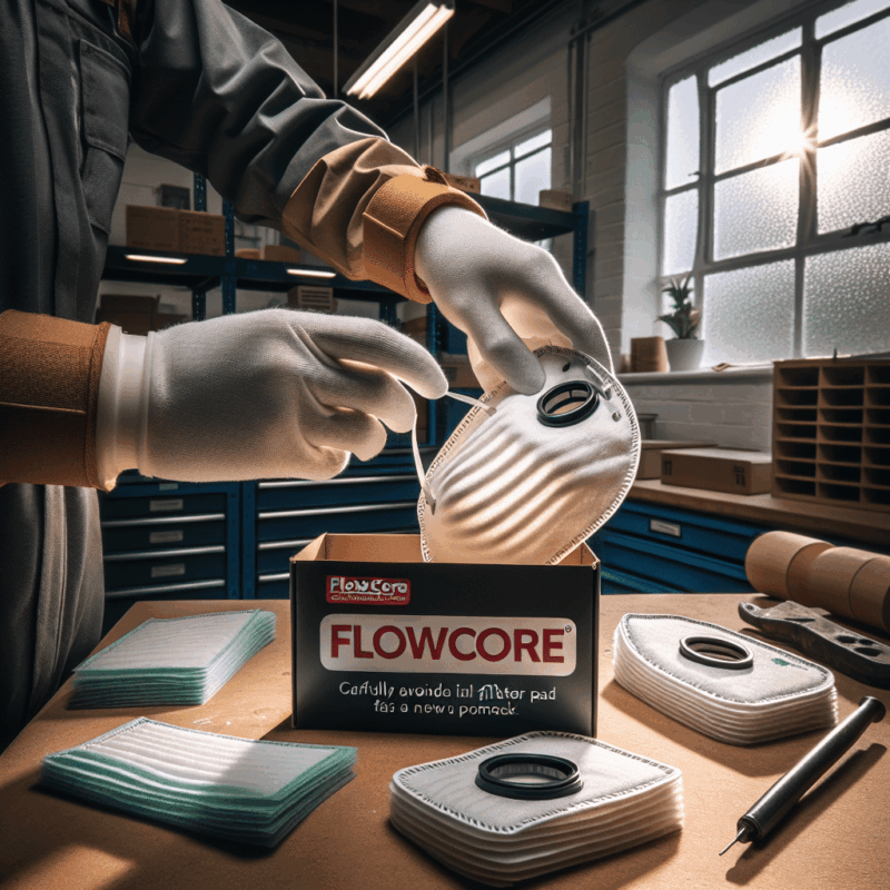A dust mask filter replacement in progress showing a gloved hand removing a used FlowCore pad in a UK workshop setting.