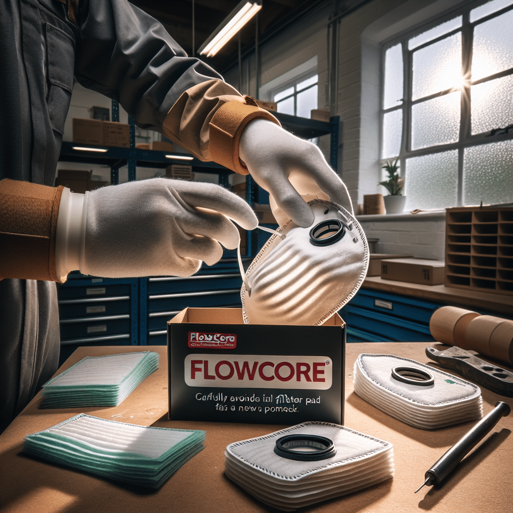 A dust mask filter replacement in progress showing a gloved hand removing a used FlowCore pad in a UK workshop setting.