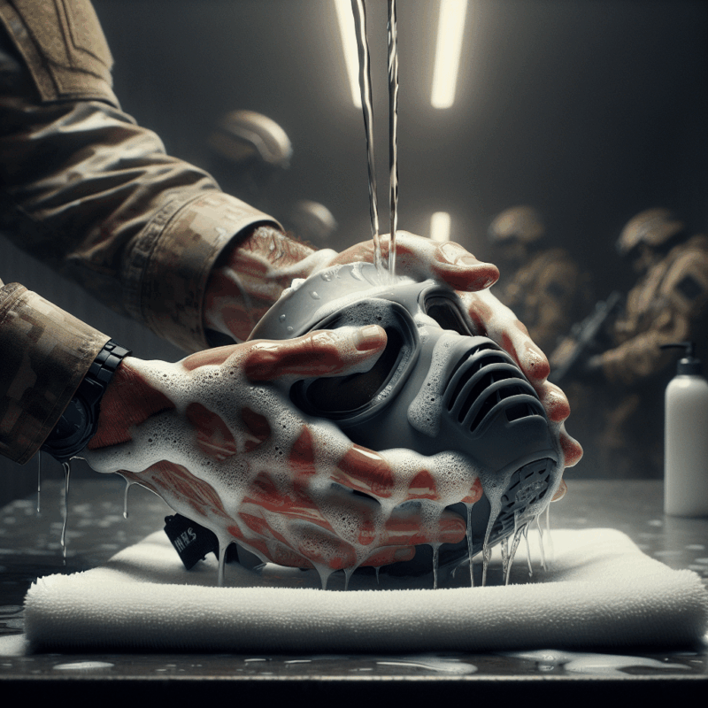 Close-up of CoreMask cleaning with a person gently washing the silicone face seal under warm water in a clean indoor space.