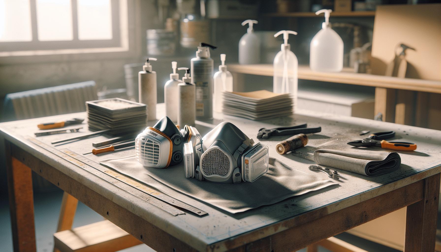 A used pile of disposable dust masks compared with a clean Torxup CoreMask in a workshop setting.
