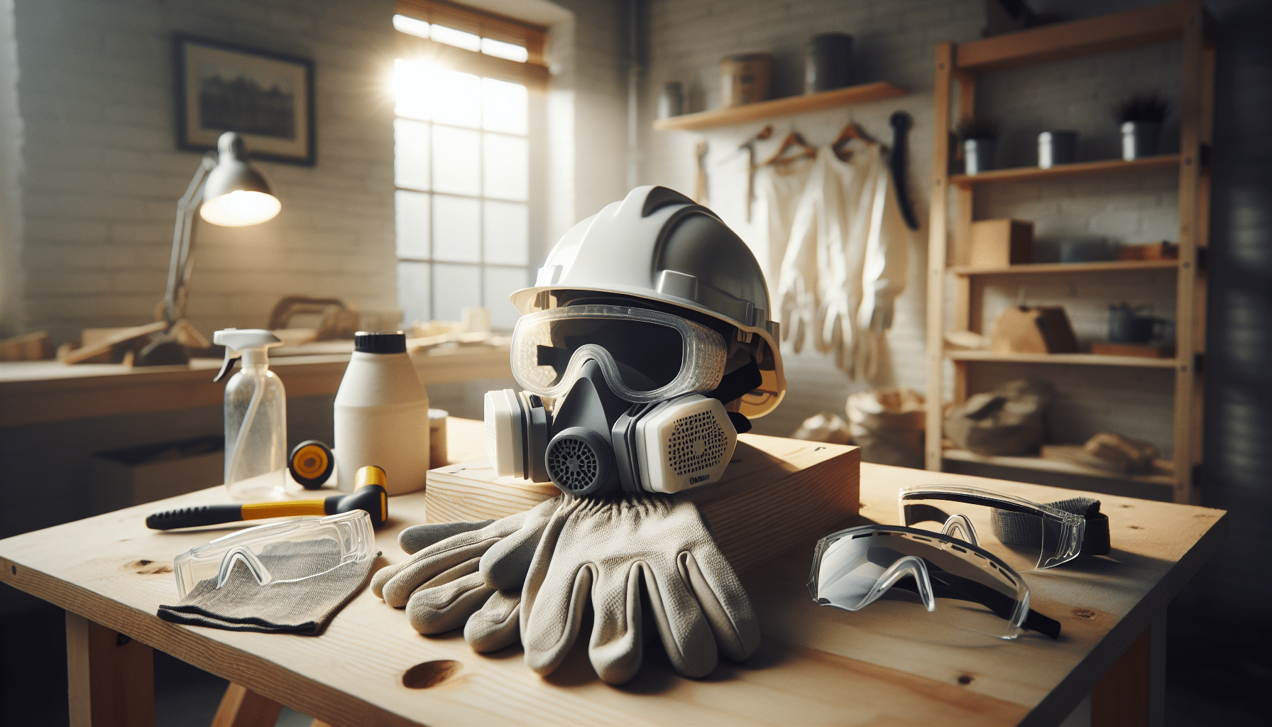 PPE flat lay featuring CoreMask, goggles, gloves, and hard hat—showing essential home renovation protection gear.