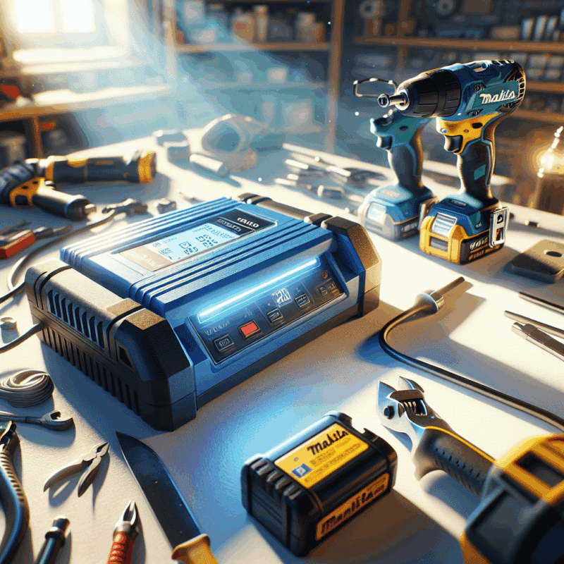 VoltGuard 6500 charger connected to a Makita 18V LXT battery on a workbench with digital display showing full charge.