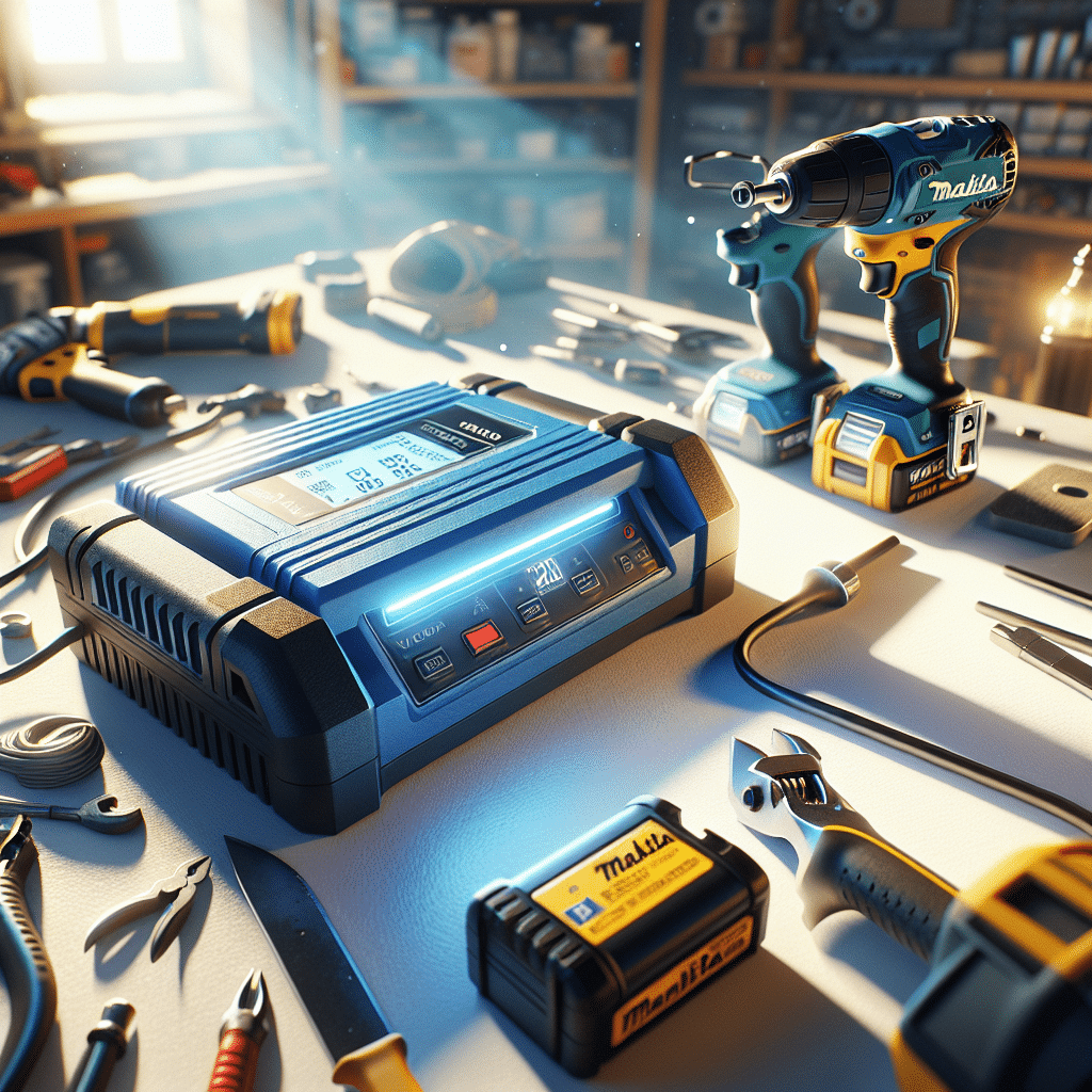 VoltGuard 6500 charger connected to a Makita 18V LXT battery on a workbench with digital display showing full charge.