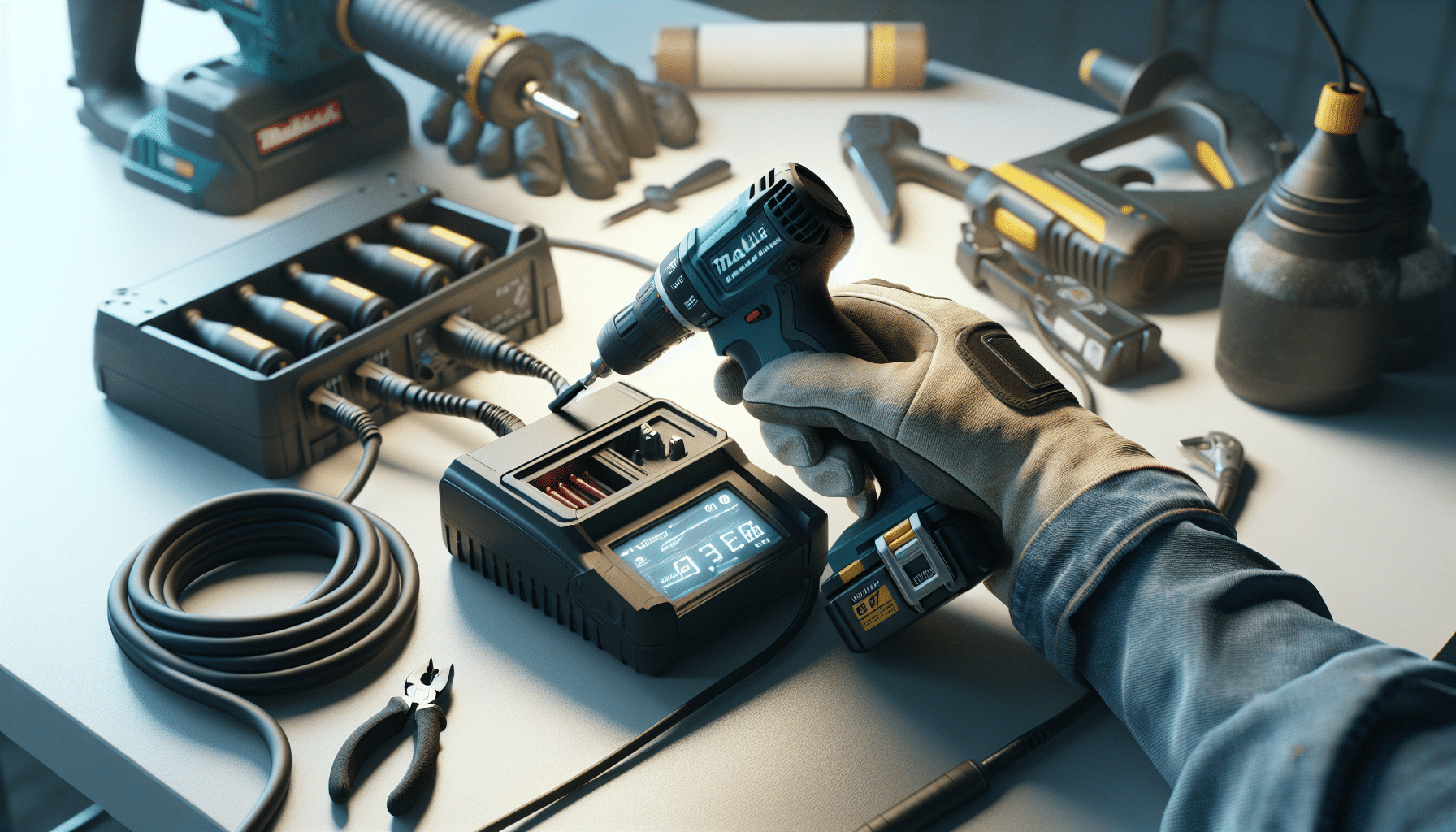 Side angle of 6.5A charger powering a battery, showing accurate amp display in realistic workbench environment.