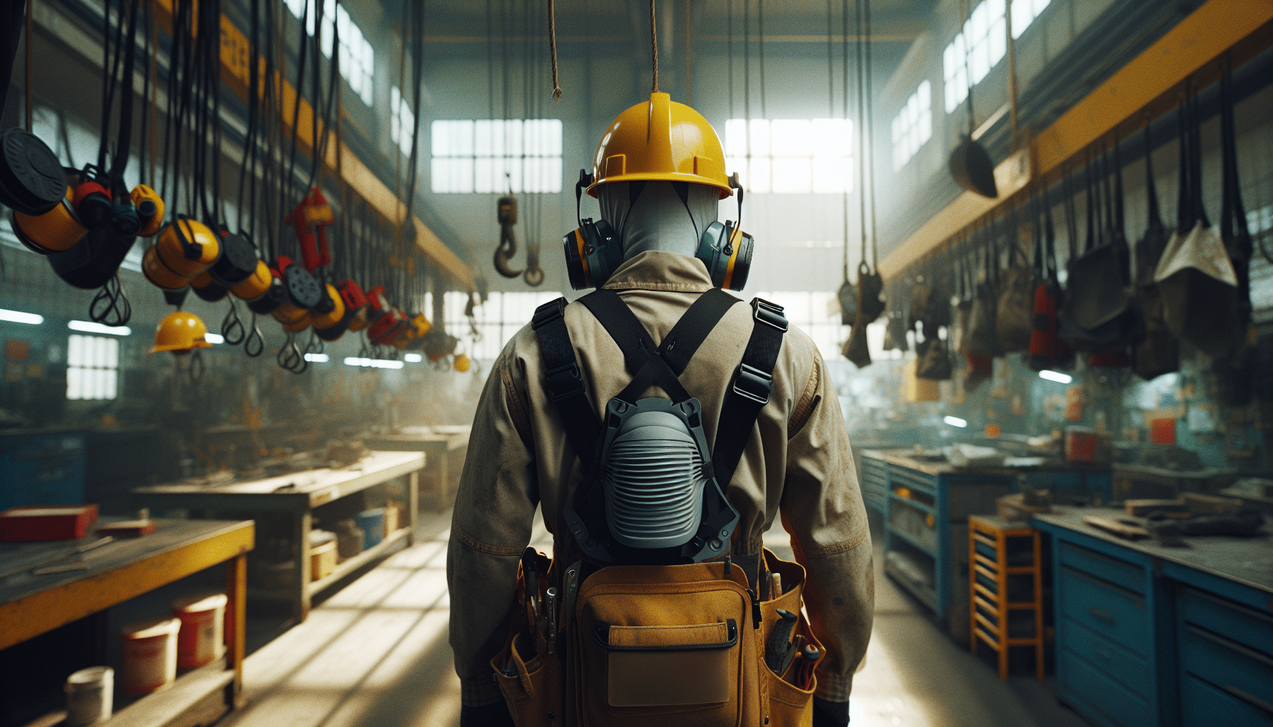 Over-the-shoulder demonstration of fitting a CoreMask under a yellow hard hat inside a practical trade workshop.
