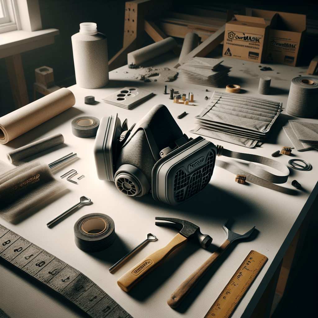 Close-up view of Torxup CoreMask showing clean filter components, highlighting proper wear time guidance on construction site.