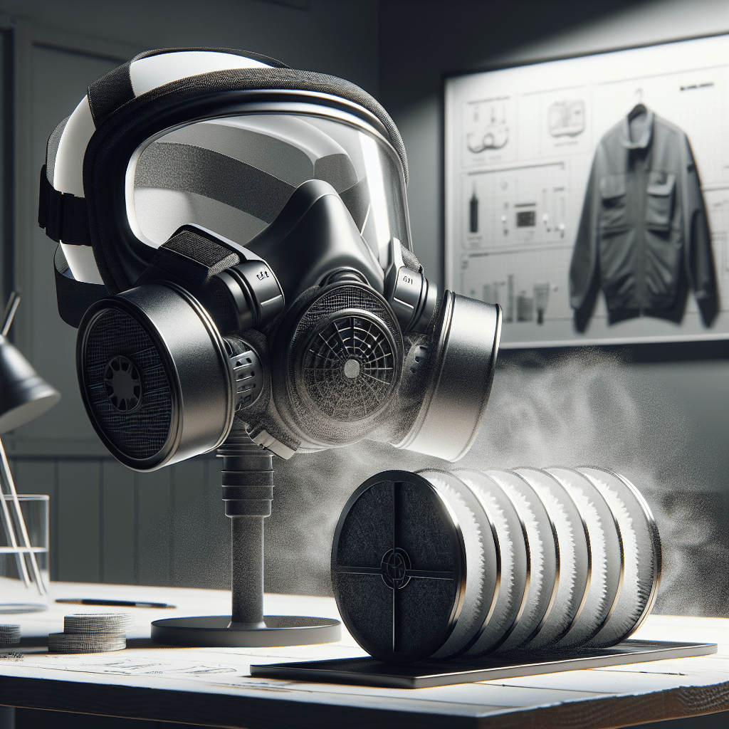 Close-up of a respirator mask fitted with a carbon pad filter, showing vapour absorption layers in a DIY workspace.