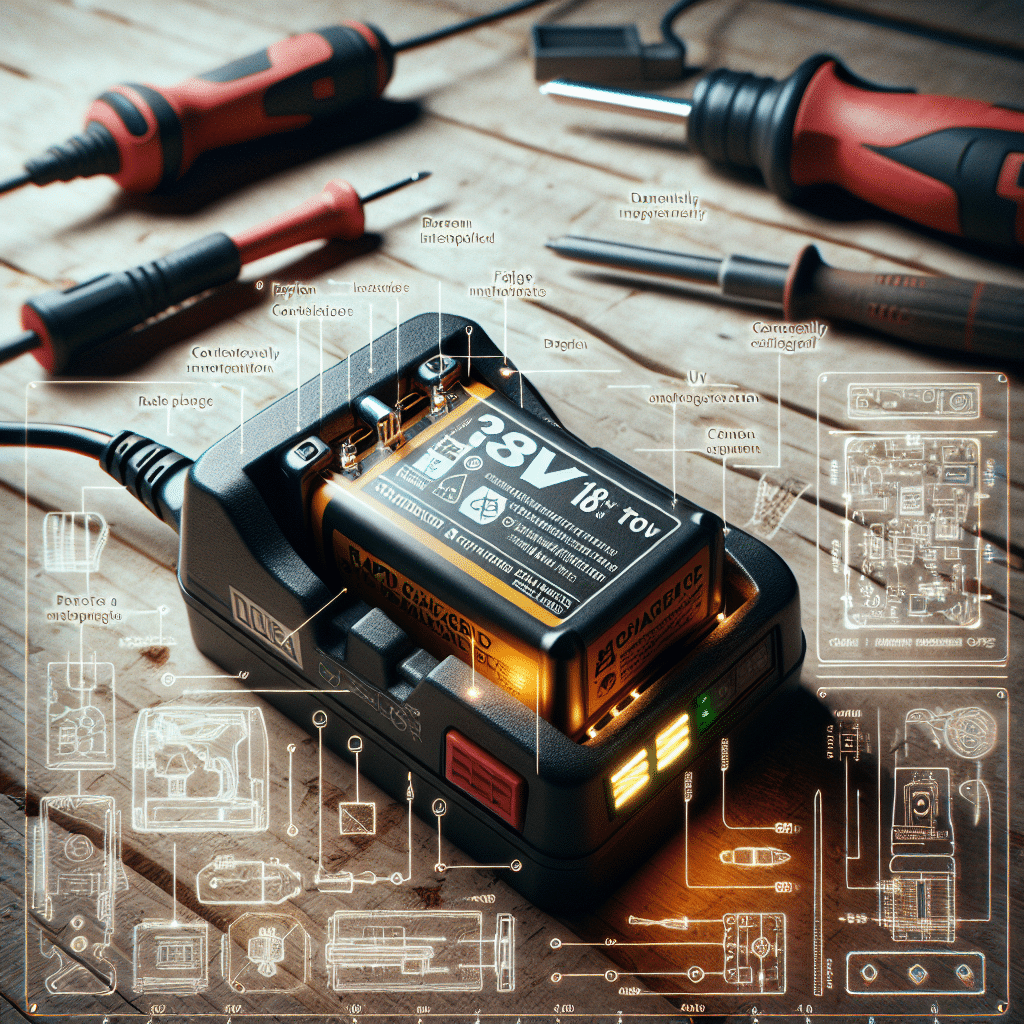 Makita battery on a fast charger surrounded by fading myths and schematic graphics, revealing truth behind Makita fast charging myths.
