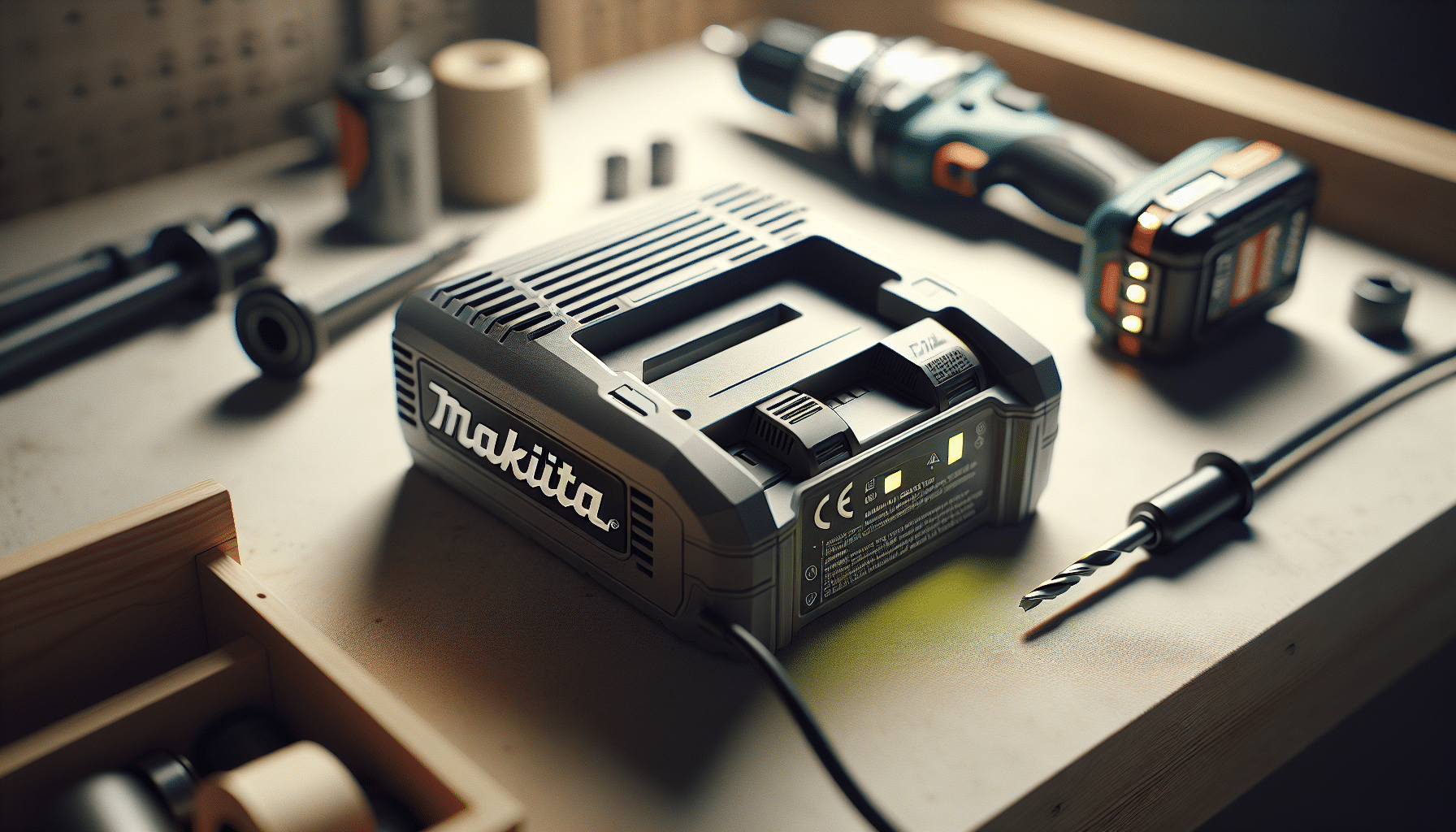 Top-down image showing a certified Makita compatible charger with CE mark and operating LED indicators on a workshop bench.