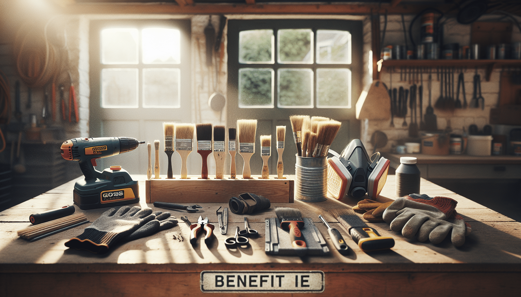Essential DIY tools and a CoreMask respirator laid out on a UK workbench for home renovation prep.