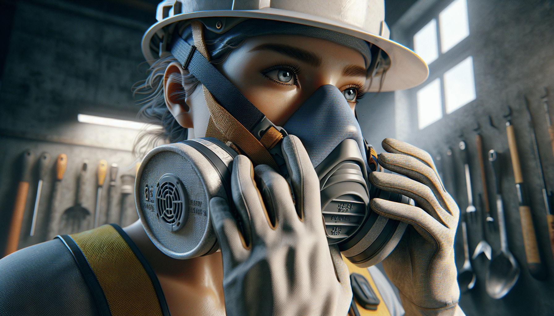 Hands adjusting CoreMask respirator straps to optimize fit and comfort with hard hat during trade work.