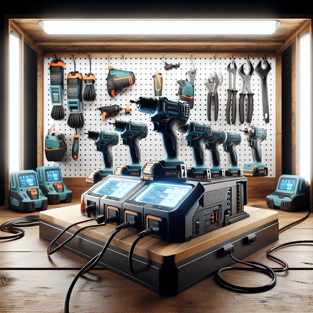 Makita LXT workshop upgrades featuring a rapid charging station with multiple batteries and neatly organised tools.