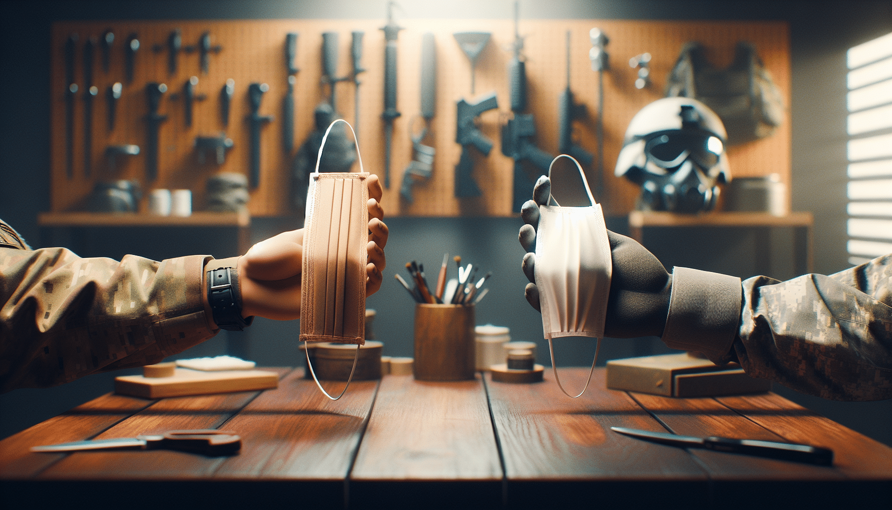Hands holding a reusable CoreMask dust mask next to a disposable pad mask to show design comparison.