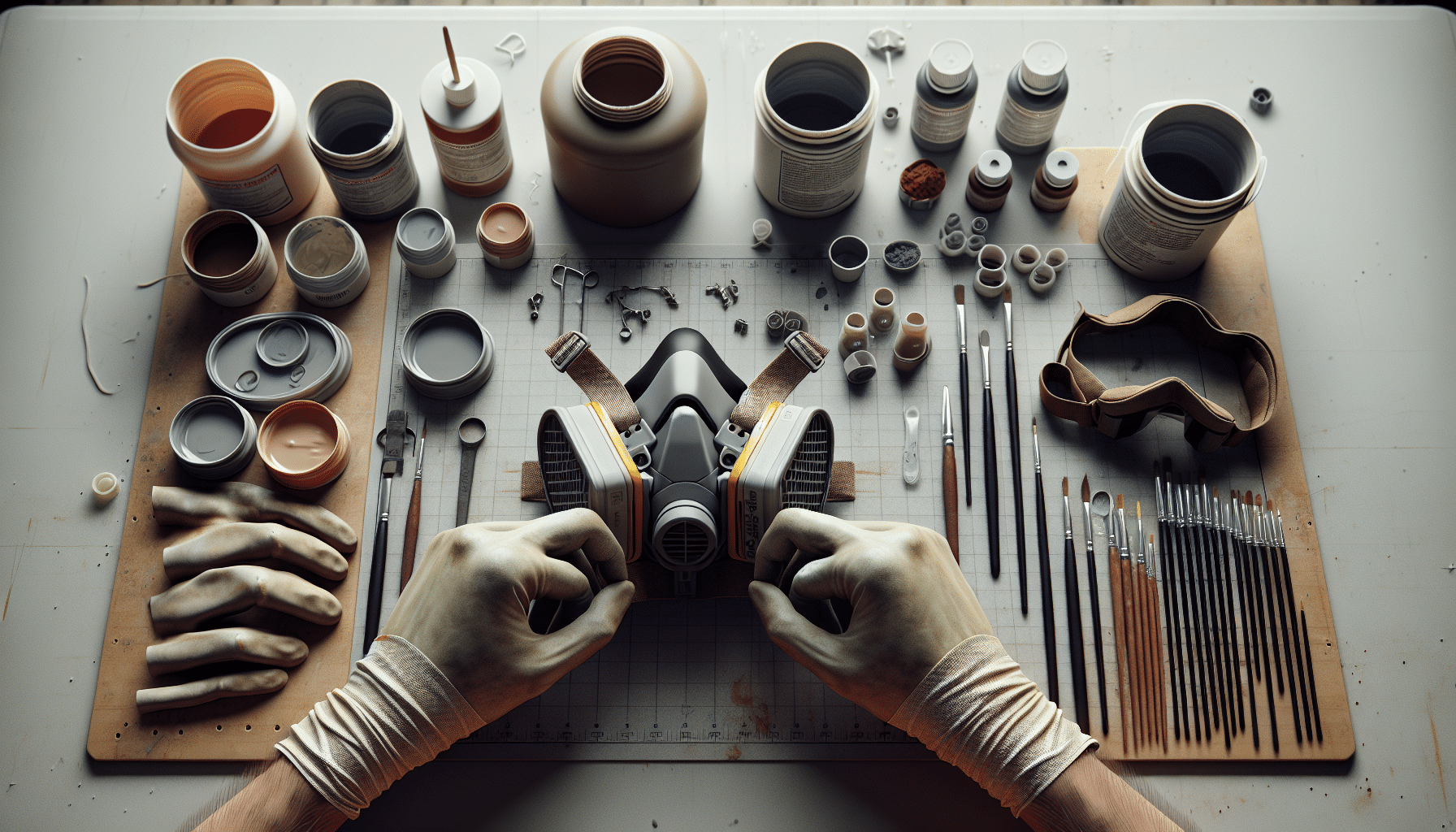 Person adjusting respirator mask with resin tools and epoxy containers in a safe workspace showing preparation stages for resin projects.