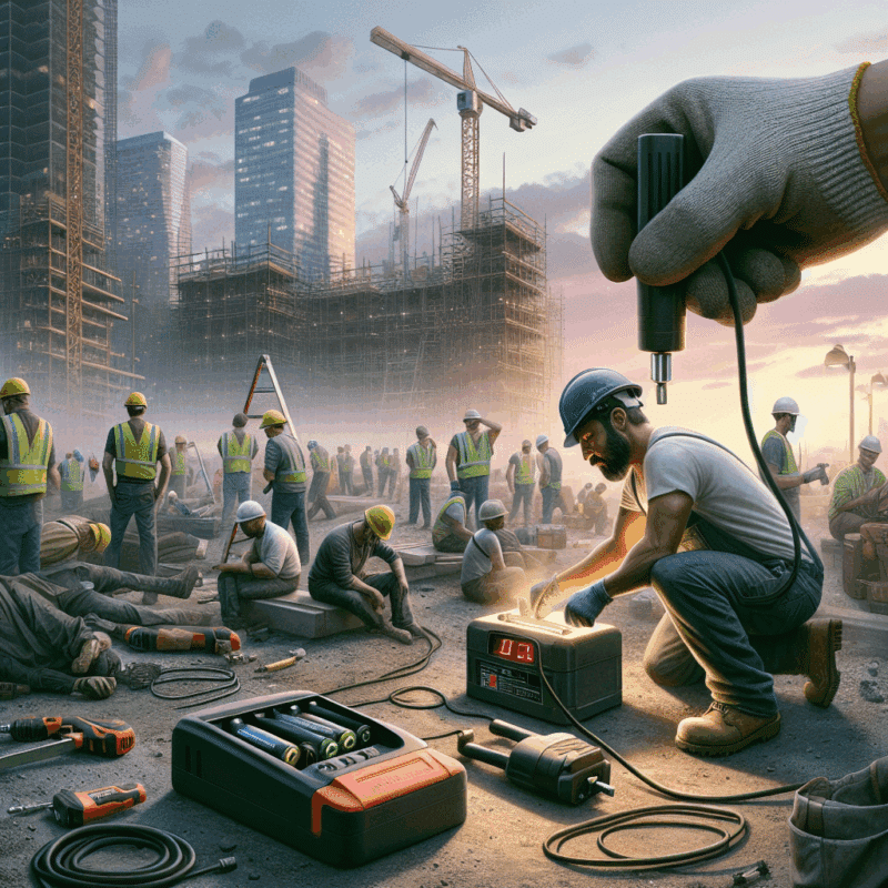 Worker upgrading from slow Makita charger to a fast alternative to eliminate slow charging loss and improve site productivity.