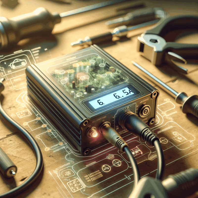 Close-up showing 6.5A charging science in action, with a digital display and battery connected to a Makita-compatible charger in workshop setting.