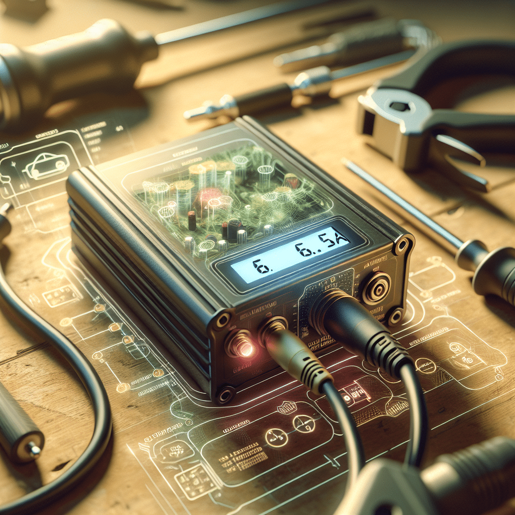 Close-up showing 6.5A charging science in action, with a digital display and battery connected to a Makita-compatible charger in workshop setting.