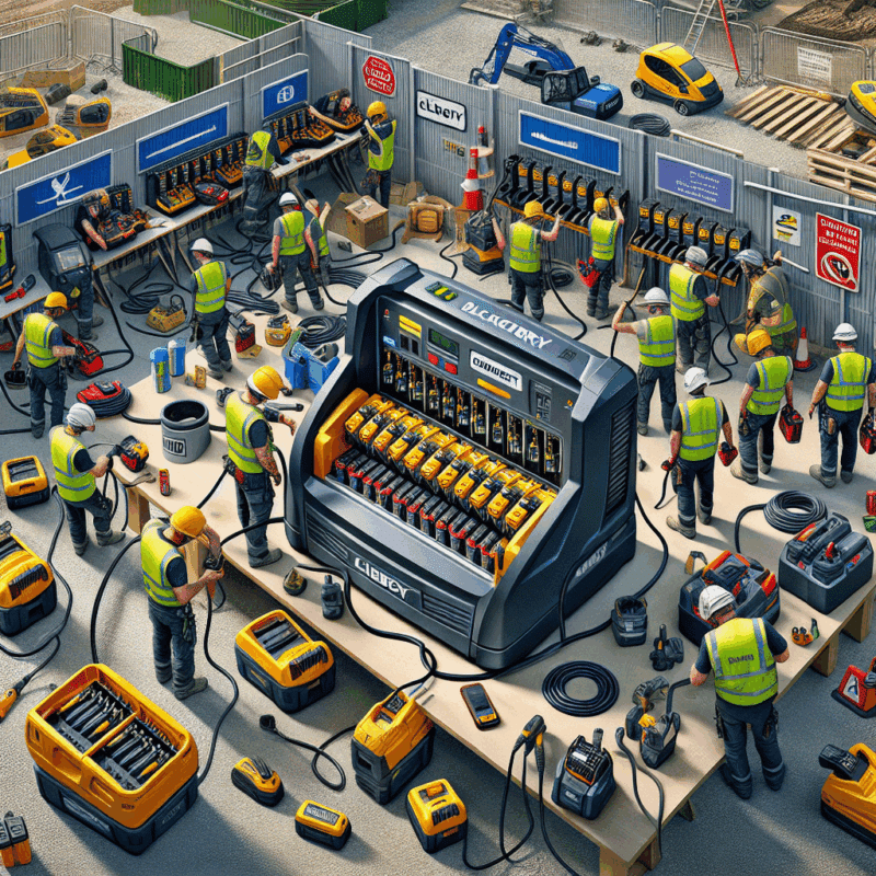 British construction workers using VoltGuard 6500 charger to quickly power tools on site with Makita-compatible batteries.