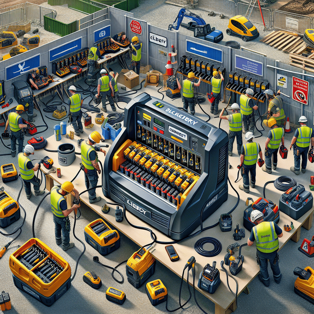 British construction workers using VoltGuard 6500 charger to quickly power tools on site with Makita-compatible batteries.