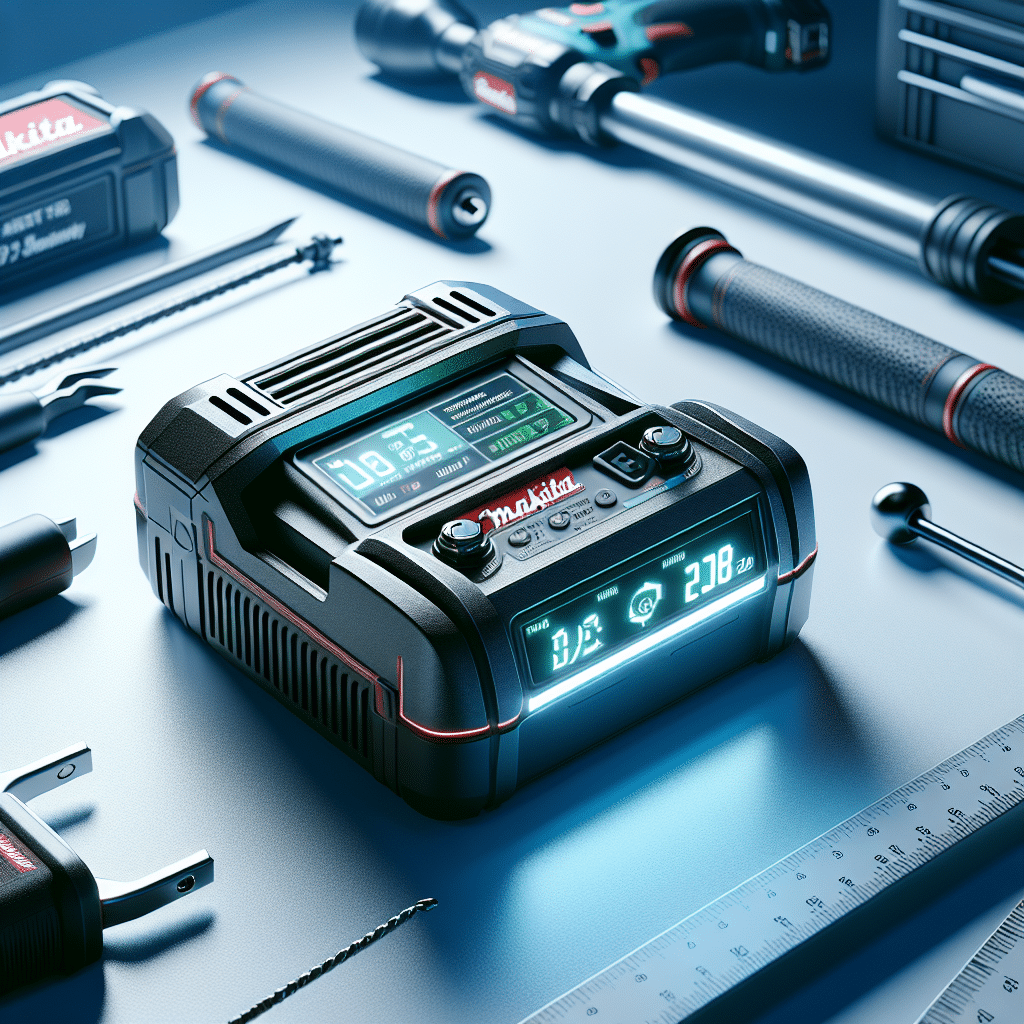 Makita-compatible Torxup VoltGuard charger active on a workshop bench, showing smart safety features and battery protection alerts.
