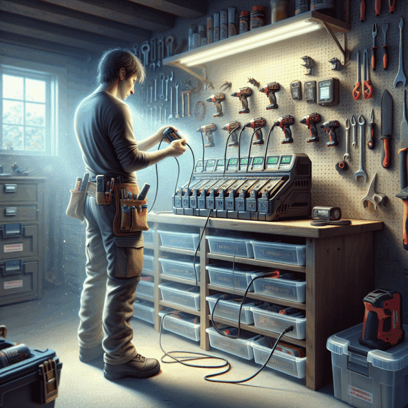DIY fast charger setup on workshop wall with Makita-compatible batteries in-use and digital charging display visible.