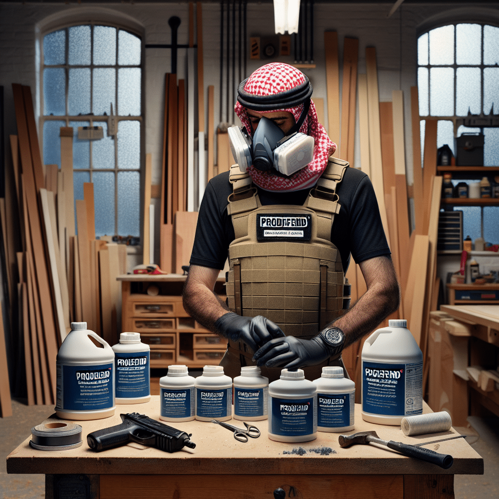 Hands fitting a reusable respirator with ProDefend carbon filters in a workshop with adhesive tools—ideal for adhesive masks content.